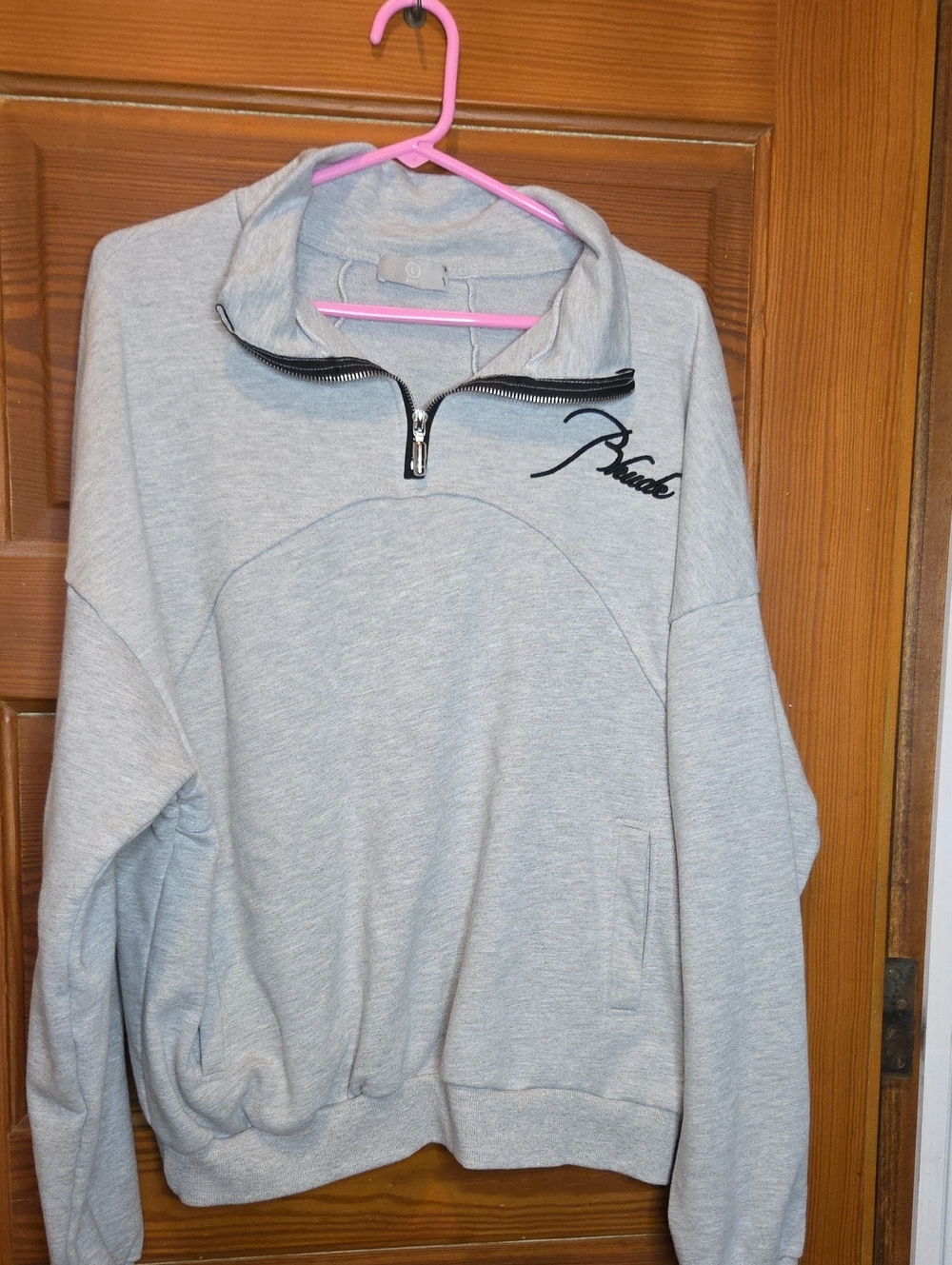 Men's Light Gray Half-Zip Pullover Sweatshirt with Rhude Script Detail